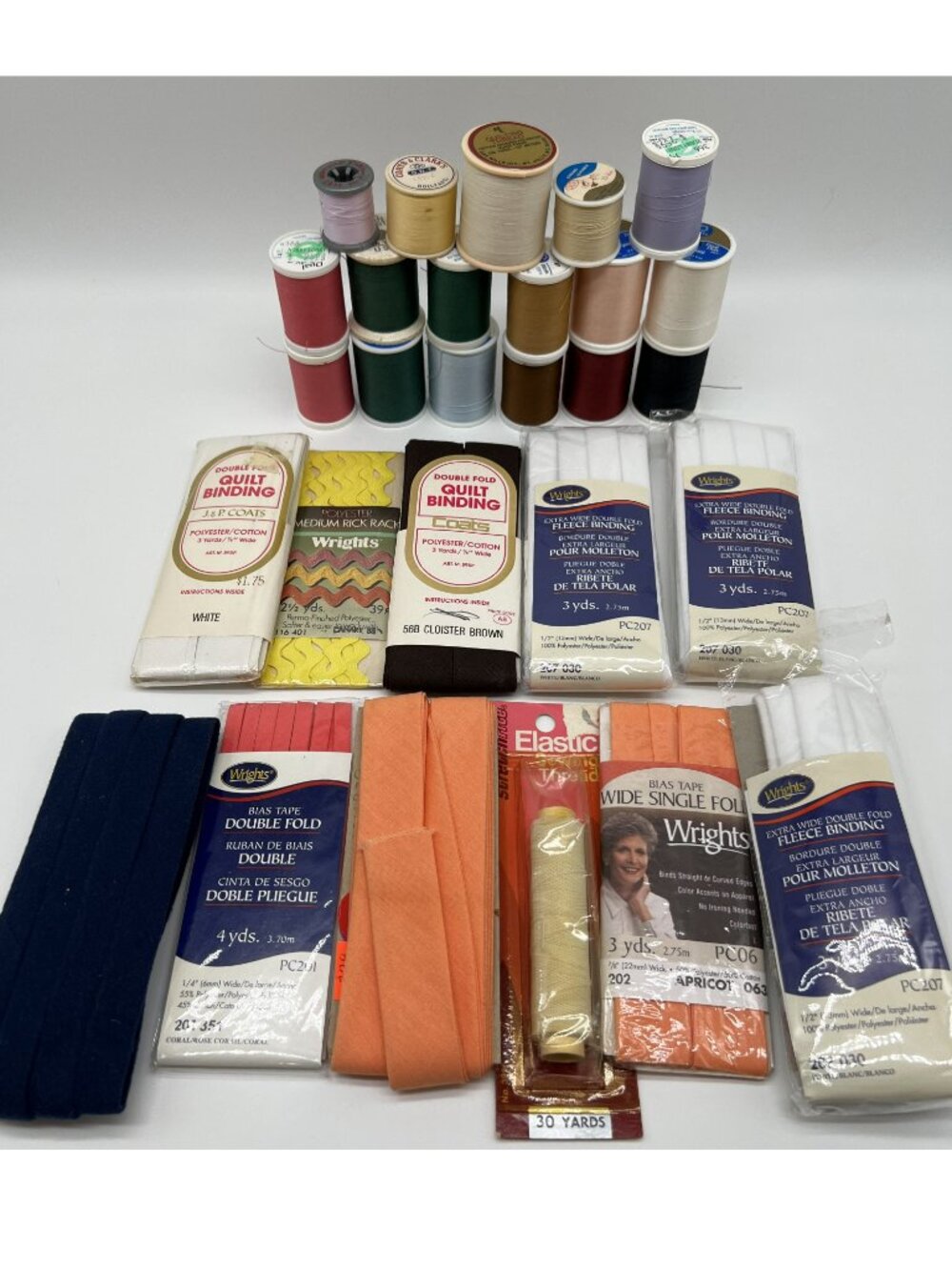 Vintage Lot Spooled Thread + Quilt Binding + Bias Tape + Rick Rack total 28 pcs